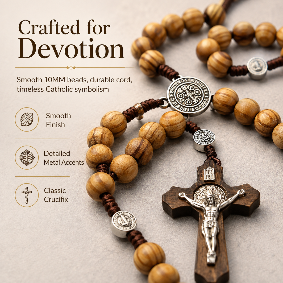 Wood Bead Rosary Necklace