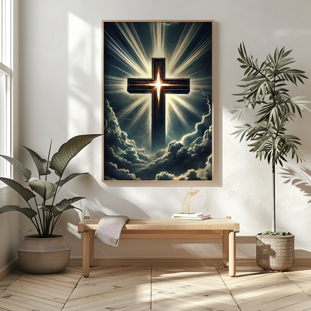 Luminous Cross in Storm — Christian Canvas Wall Art