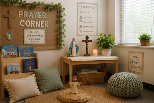 Catholic classroom prayer corner with a cross, Bible, Jesus figure, Mary statue, and space for children to pray