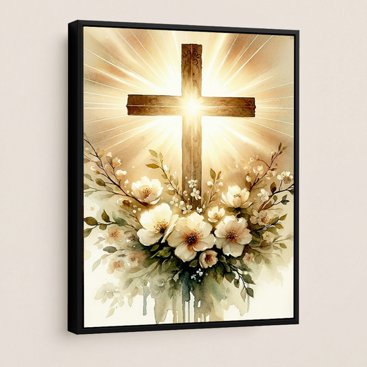 Radiant Cross with Flowers — Christian Canvas Wall Art