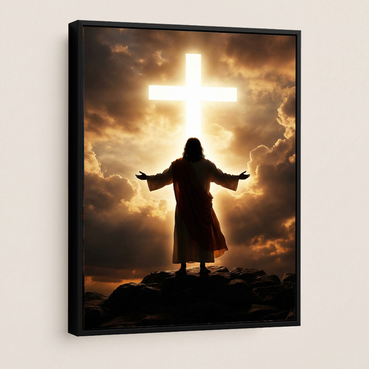Jesus and Glowing Cross — Christian Canvas Wall Art