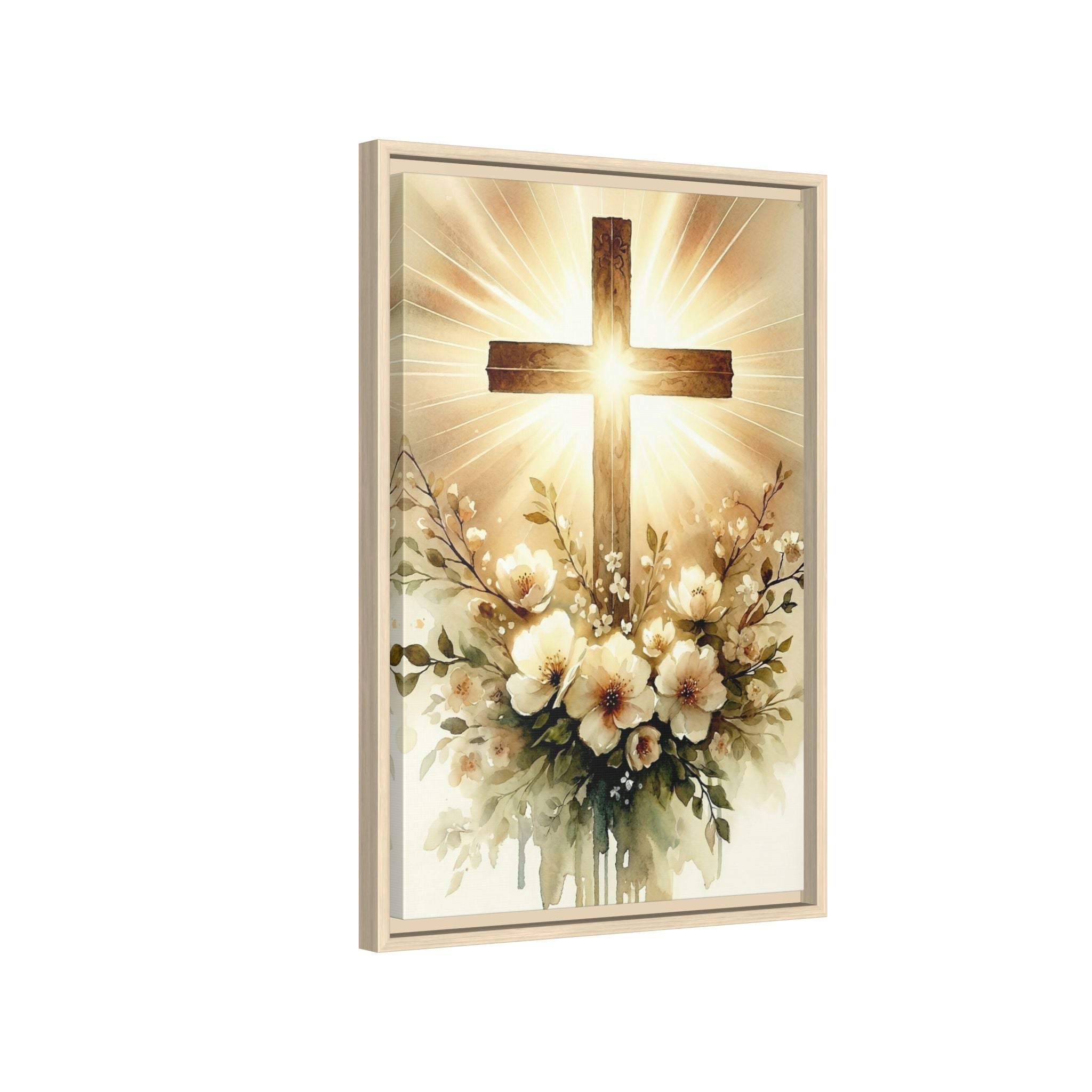 Radiant Cross with Flowers — Christian Canvas Wall Art