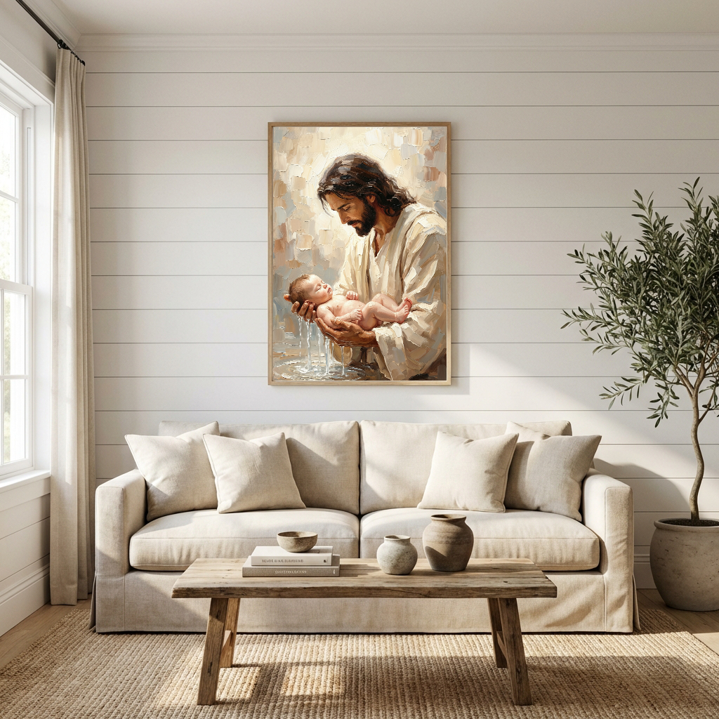 Jesus Baptizing Infant Child — Christian Canvas Wall Art