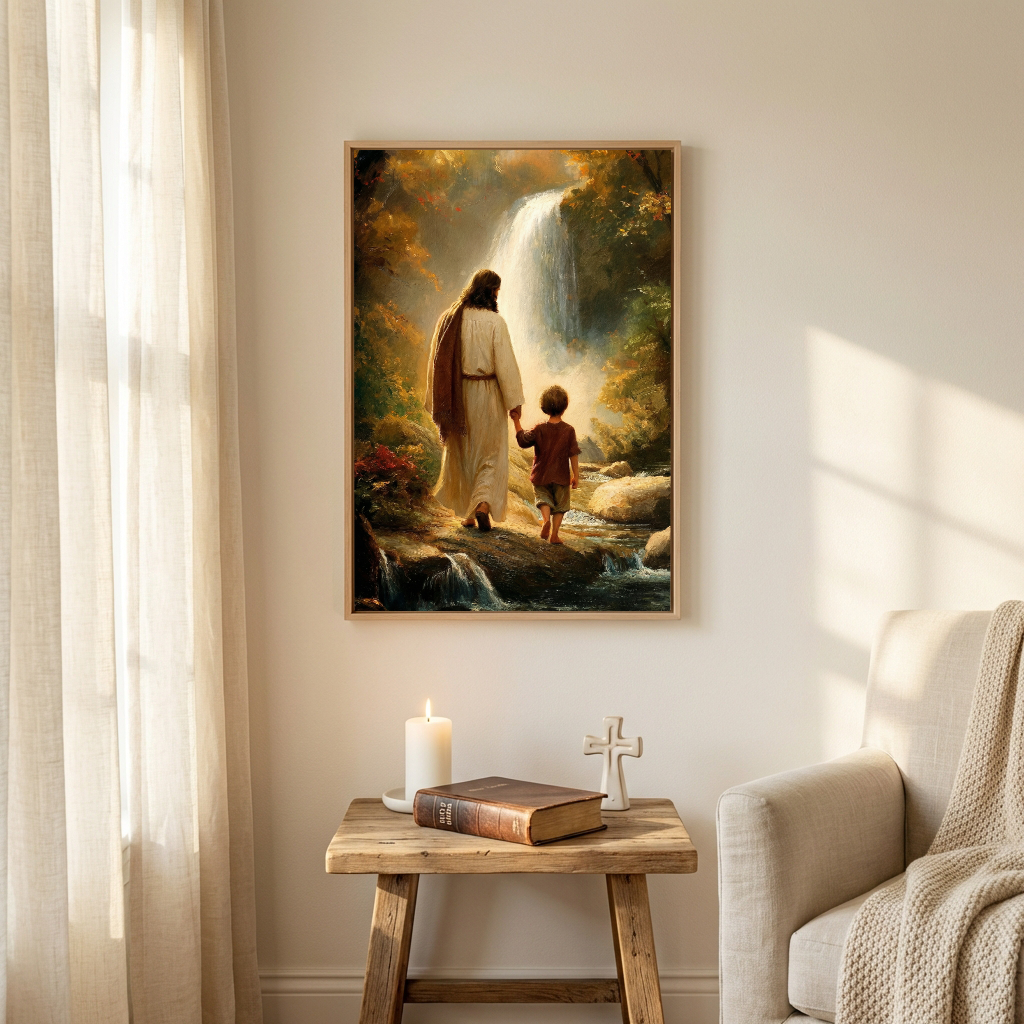 Jesus Walking with Child — Christian Canvas Wall Art