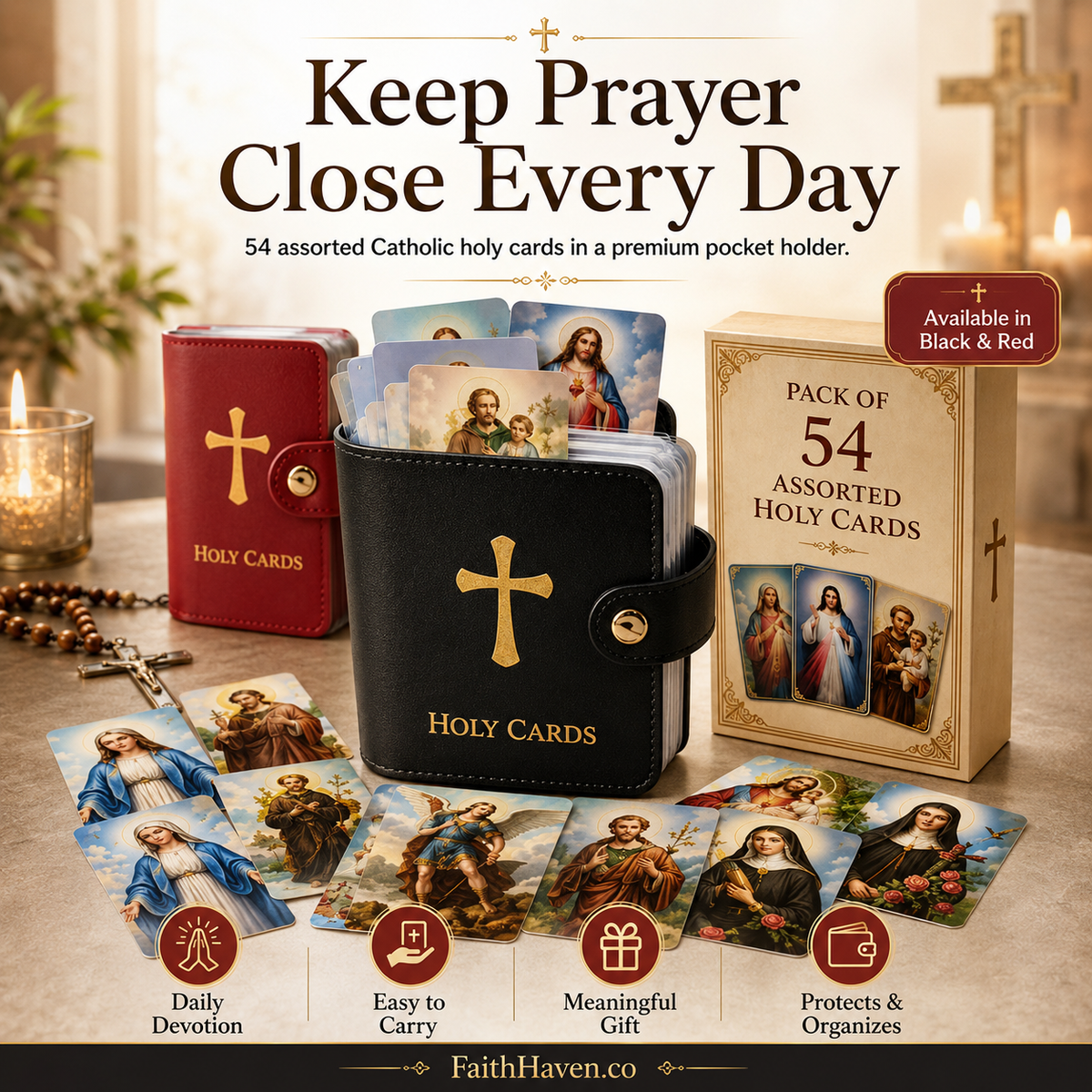 54 Assorted Catholic Holy Cards with Premium Pocket Holder