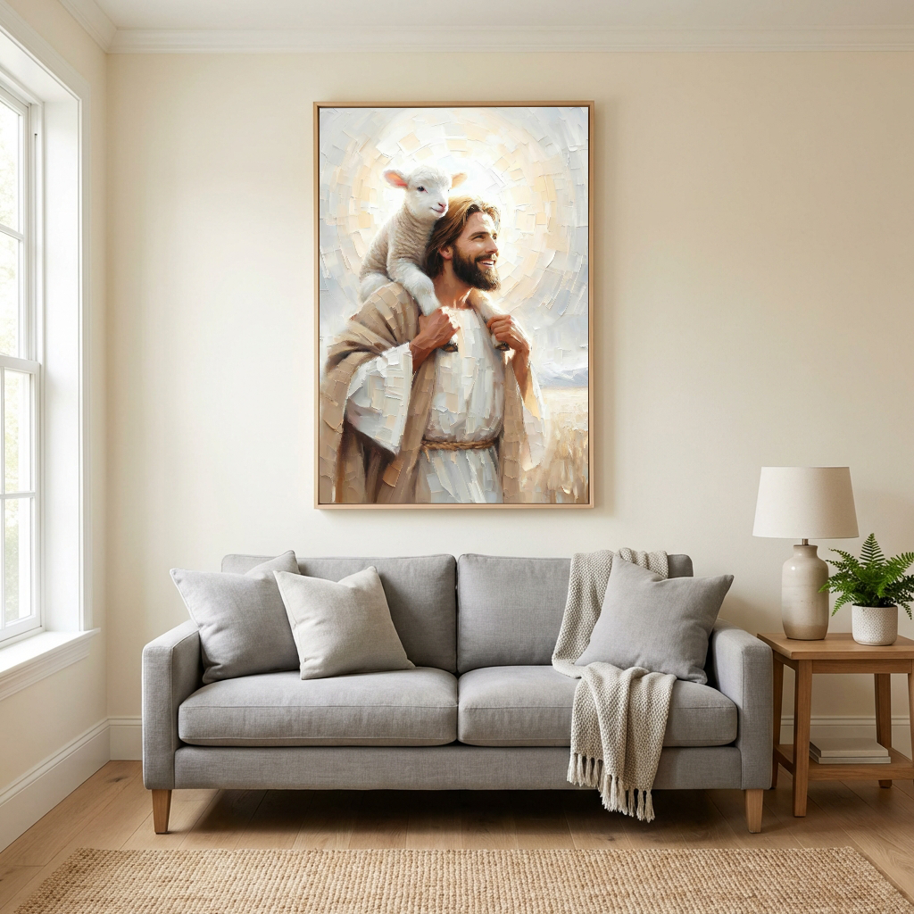 Jesus Carrying the Lost Lamb — Christian Canvas Wall Art