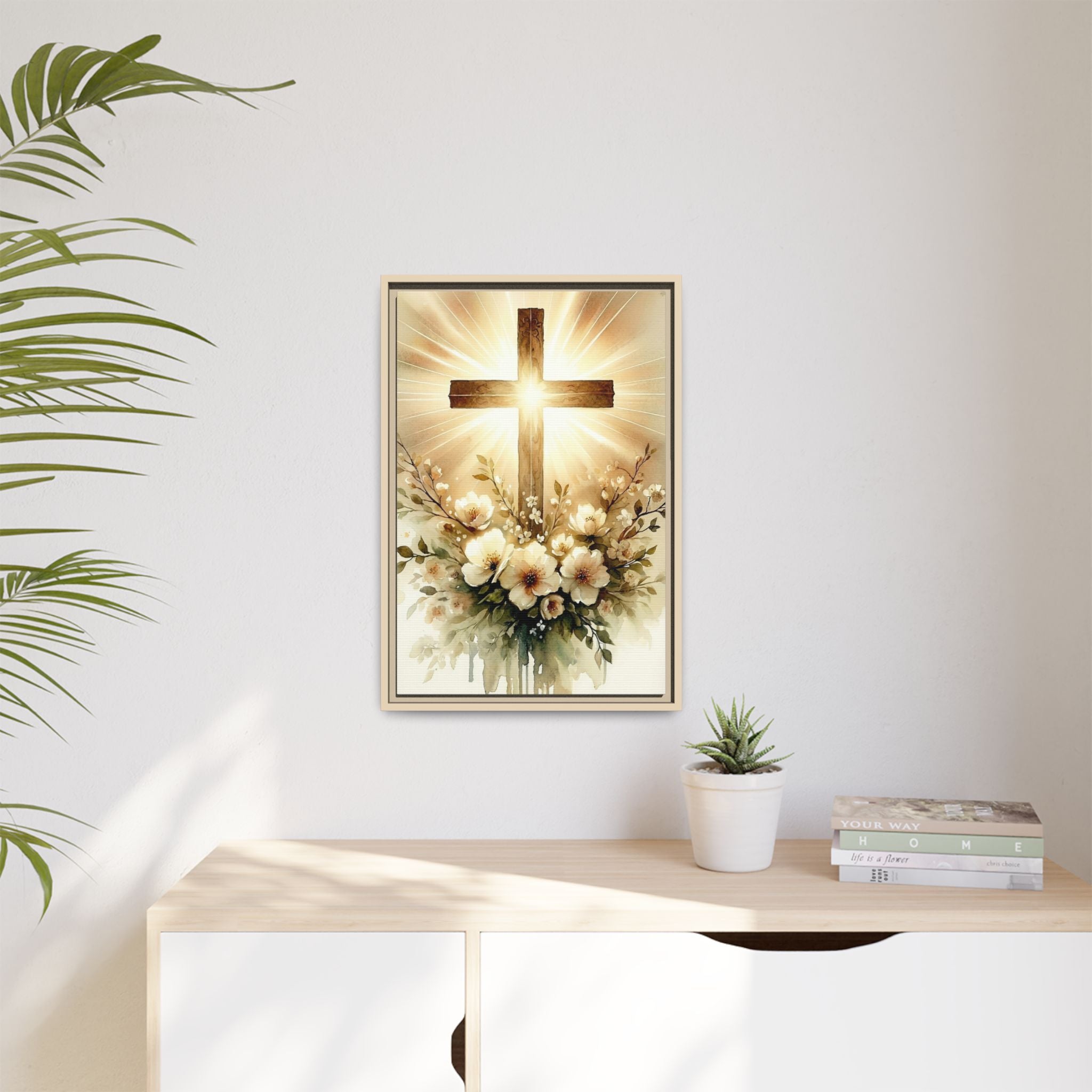 Radiant Cross with Flowers — Christian Canvas Wall Art