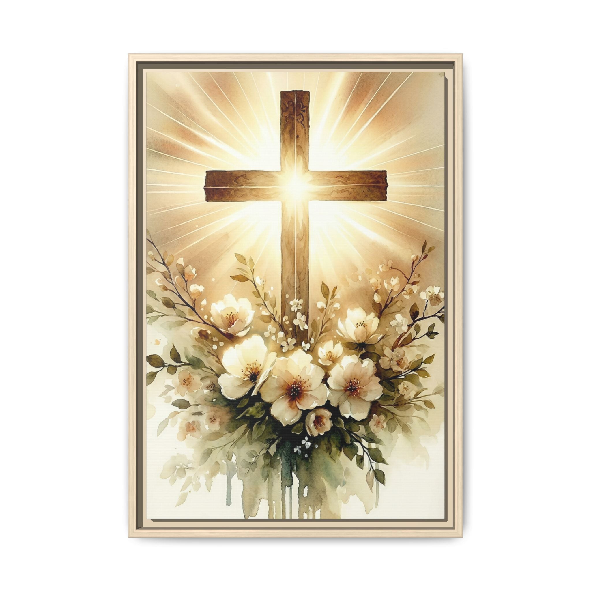Radiant Cross with Flowers — Christian Canvas Wall Art