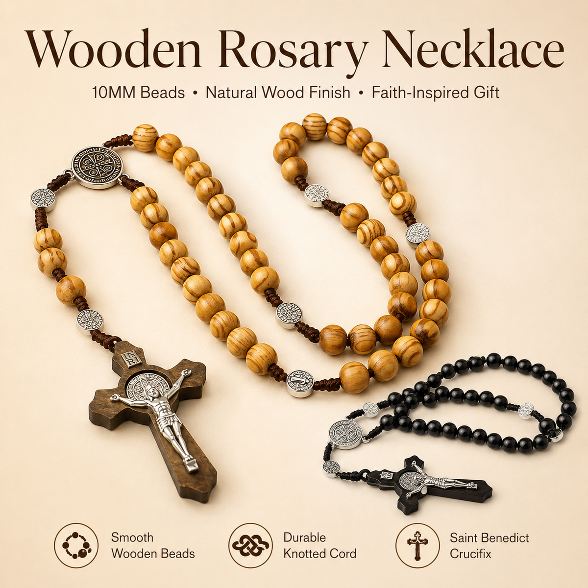 Wood Bead Rosary Necklace