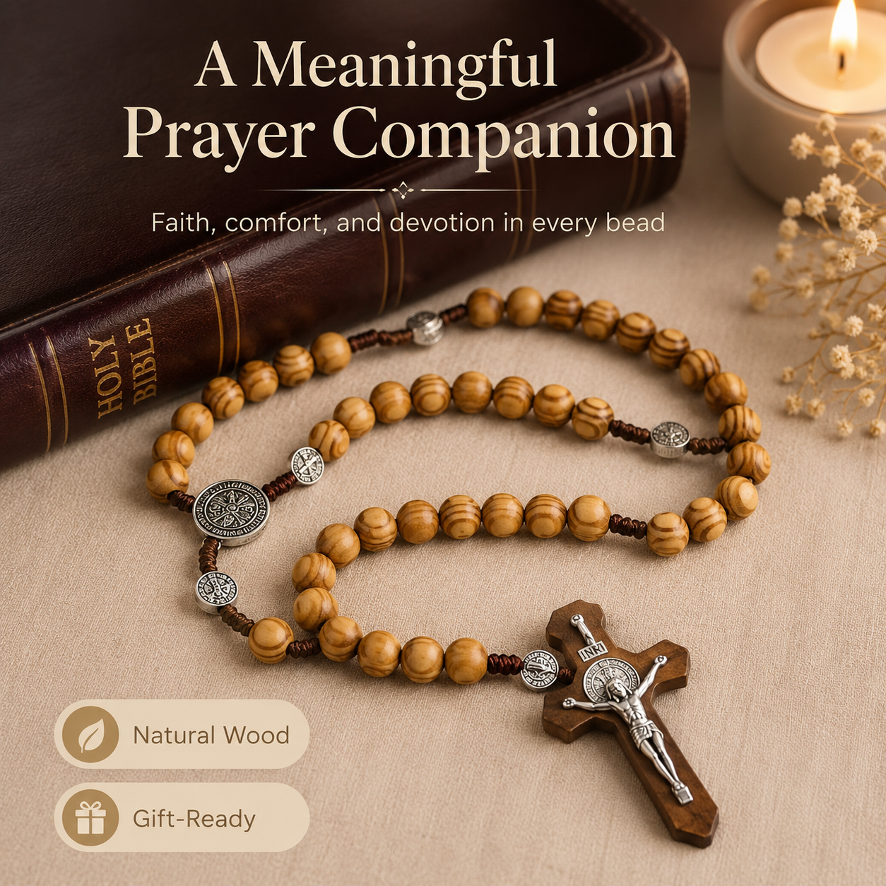 Wood Bead Rosary Necklace
