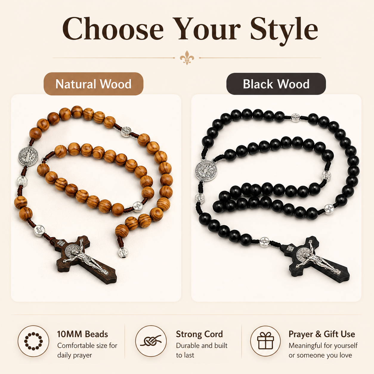 Wood Bead Rosary Necklace