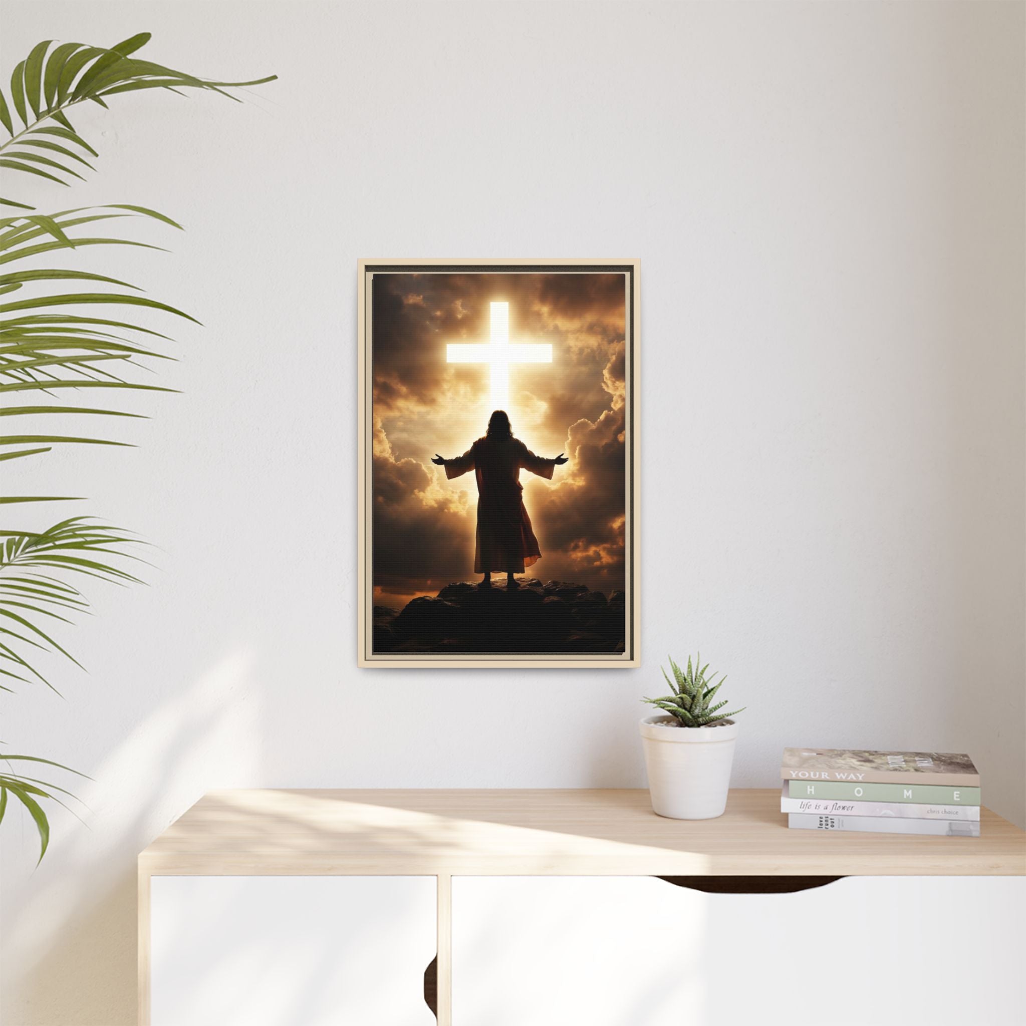 Jesus and Glowing Cross — Christian Canvas Wall Art