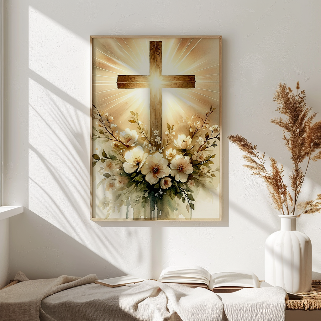 Radiant Cross with Flowers — Christian Canvas Wall Art