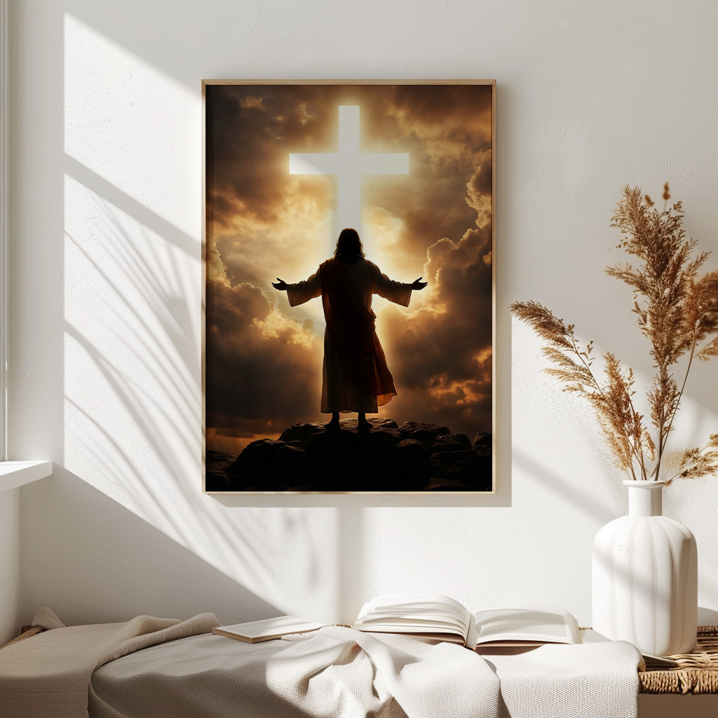 Jesus and Glowing Cross — Christian Canvas Wall Art