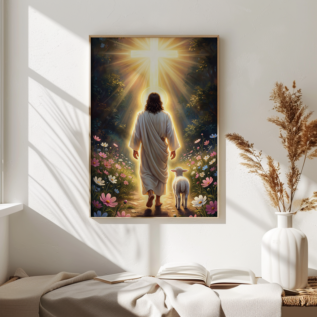 Jesus and Lamb Walking to Cross — Christian Canvas Wall Art