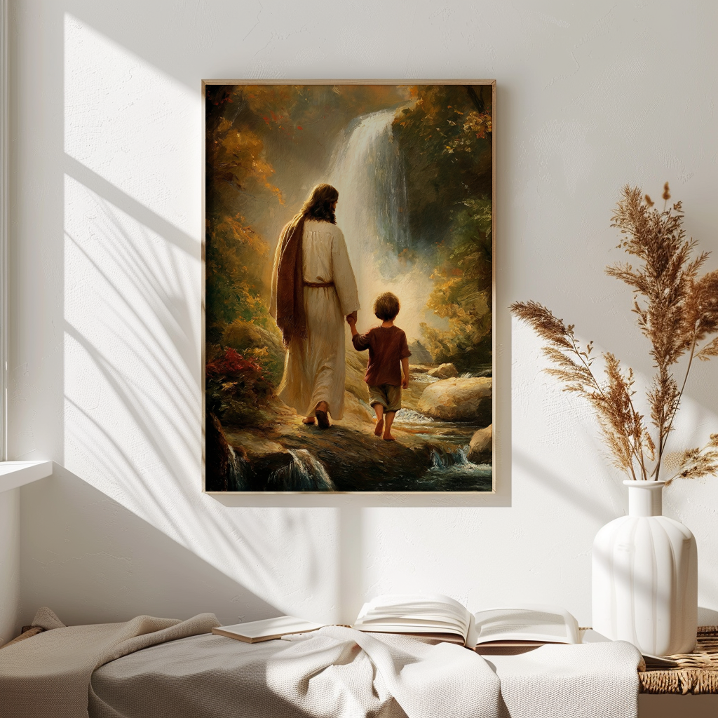 Jesus Walking with Child — Christian Canvas Wall Art