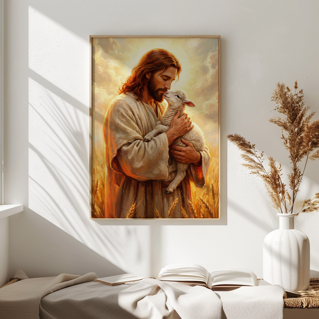 Jesus Holding Lost Lamb — Christian Canvas Wall Art