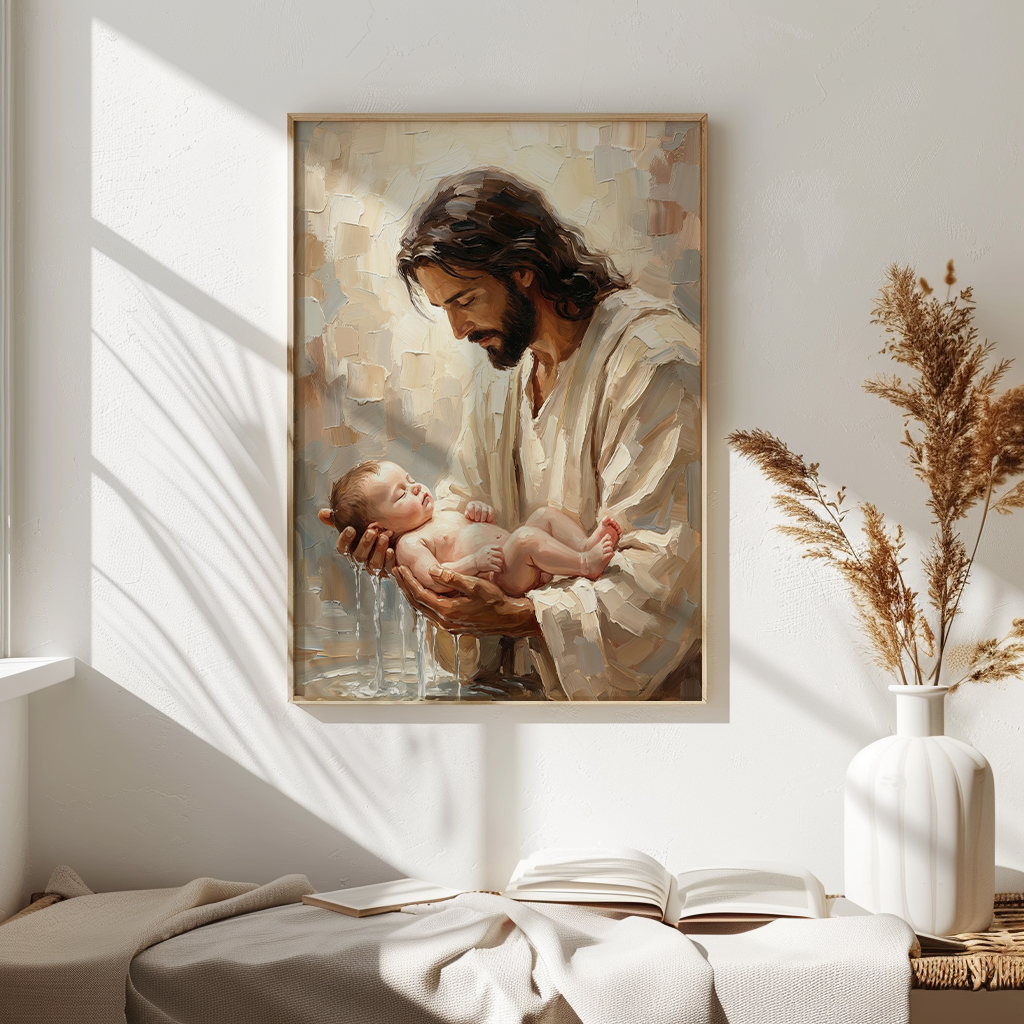 Jesus Baptizing Infant Child — Christian Canvas Wall Art
