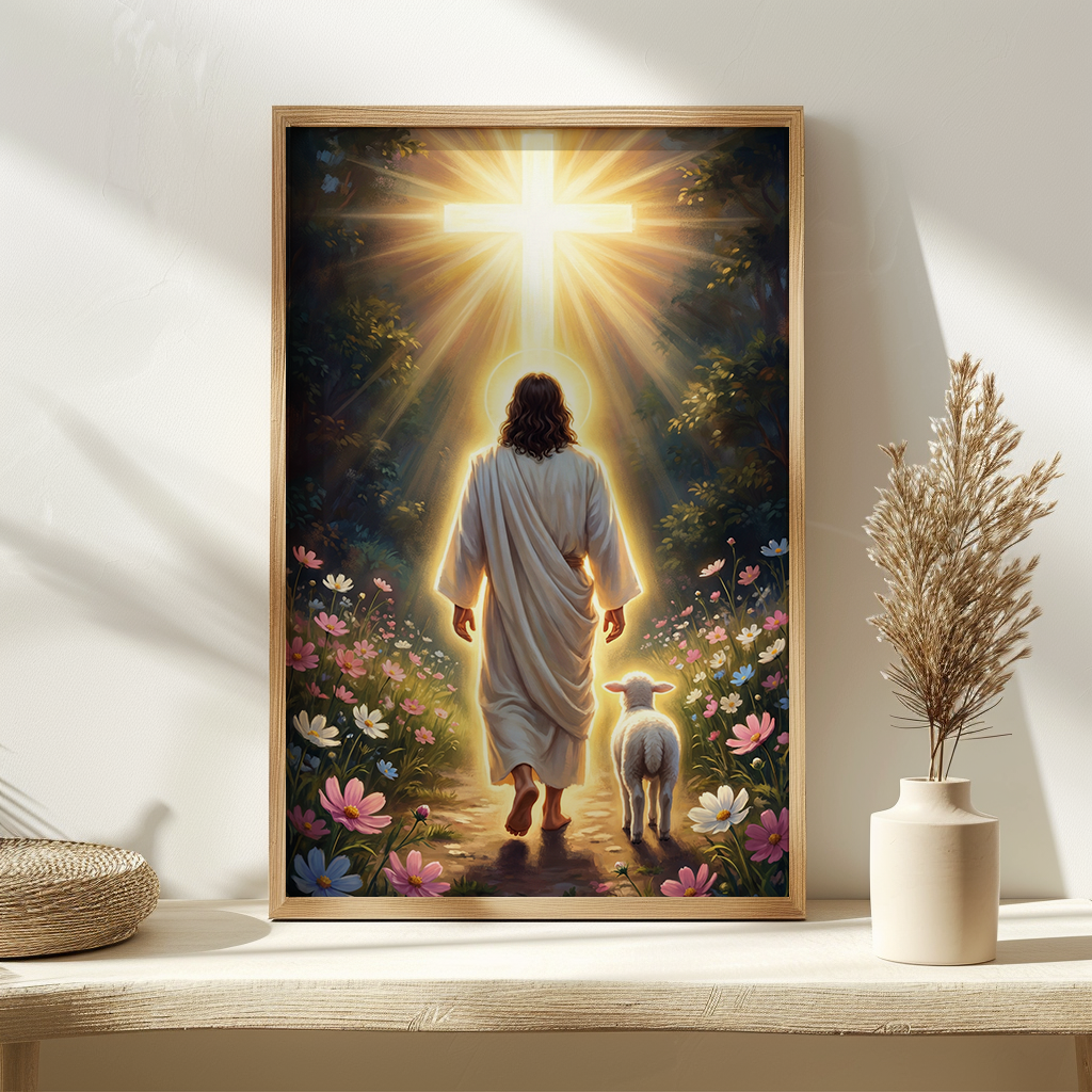 Jesus and Lamb Walking to Cross — Christian Canvas Wall Art