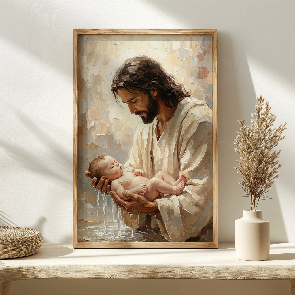 Jesus Baptizing Infant Child — Christian Canvas Wall Art