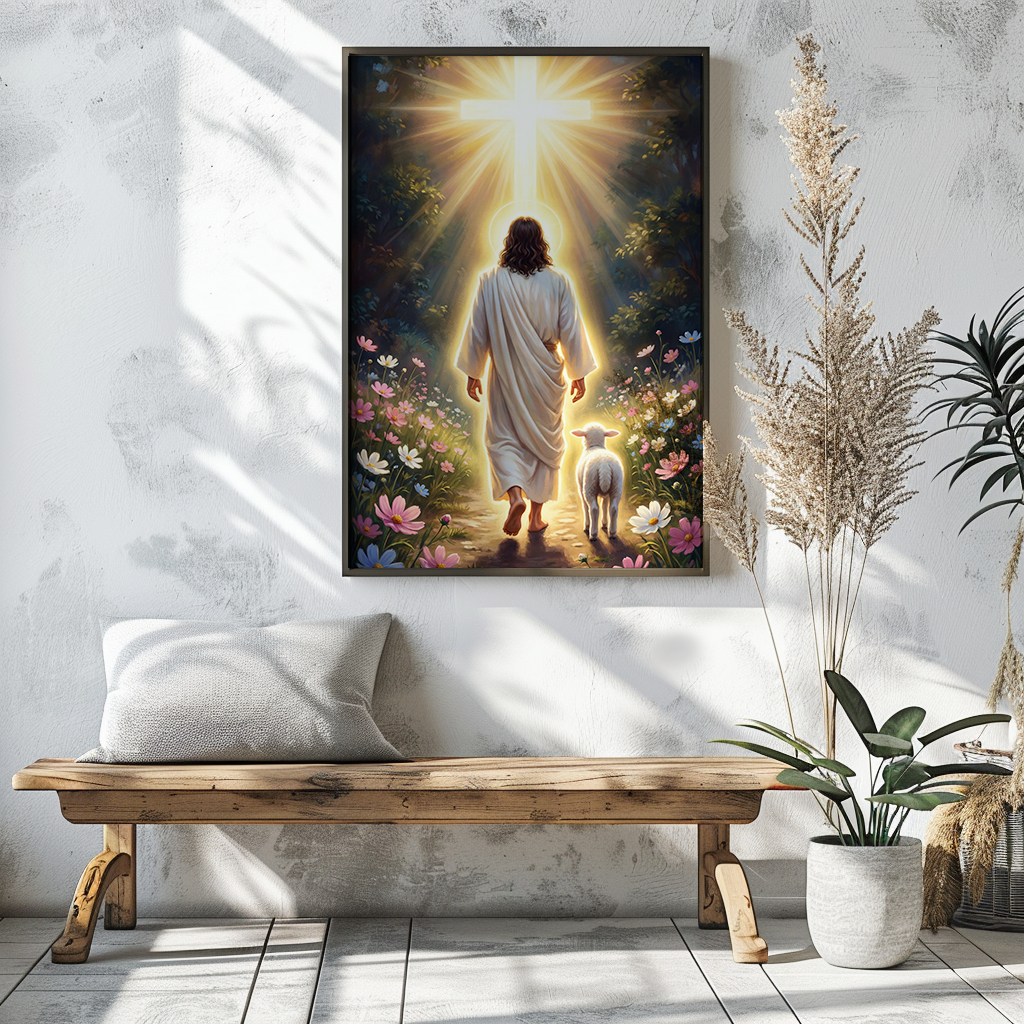 Jesus and Lamb Walking to Cross — Christian Canvas Wall Art