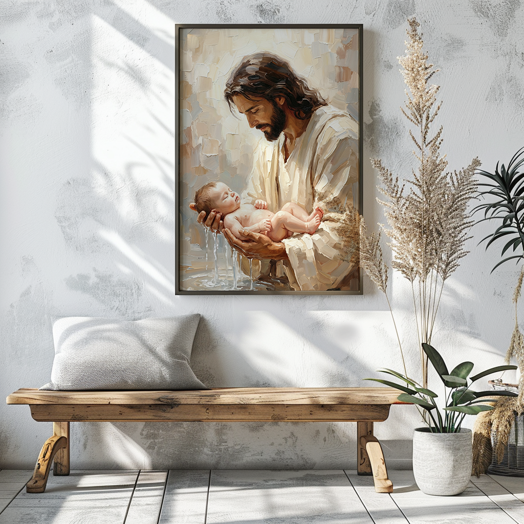 Jesus Baptizing Infant Child — Christian Canvas Wall Art