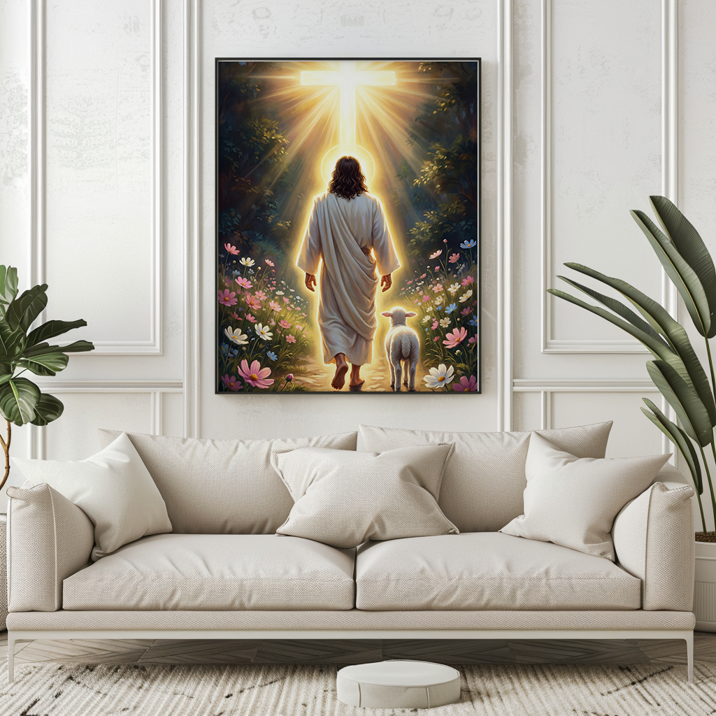 Jesus and Lamb Walking to Cross — Christian Canvas Wall Art