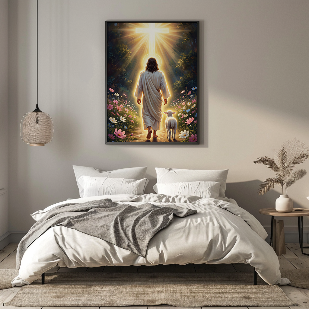 Jesus and Lamb Walking to Cross — Christian Canvas Wall Art