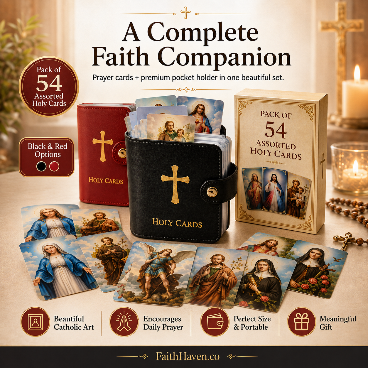 54 Assorted Catholic Holy Cards with Premium Pocket Holder