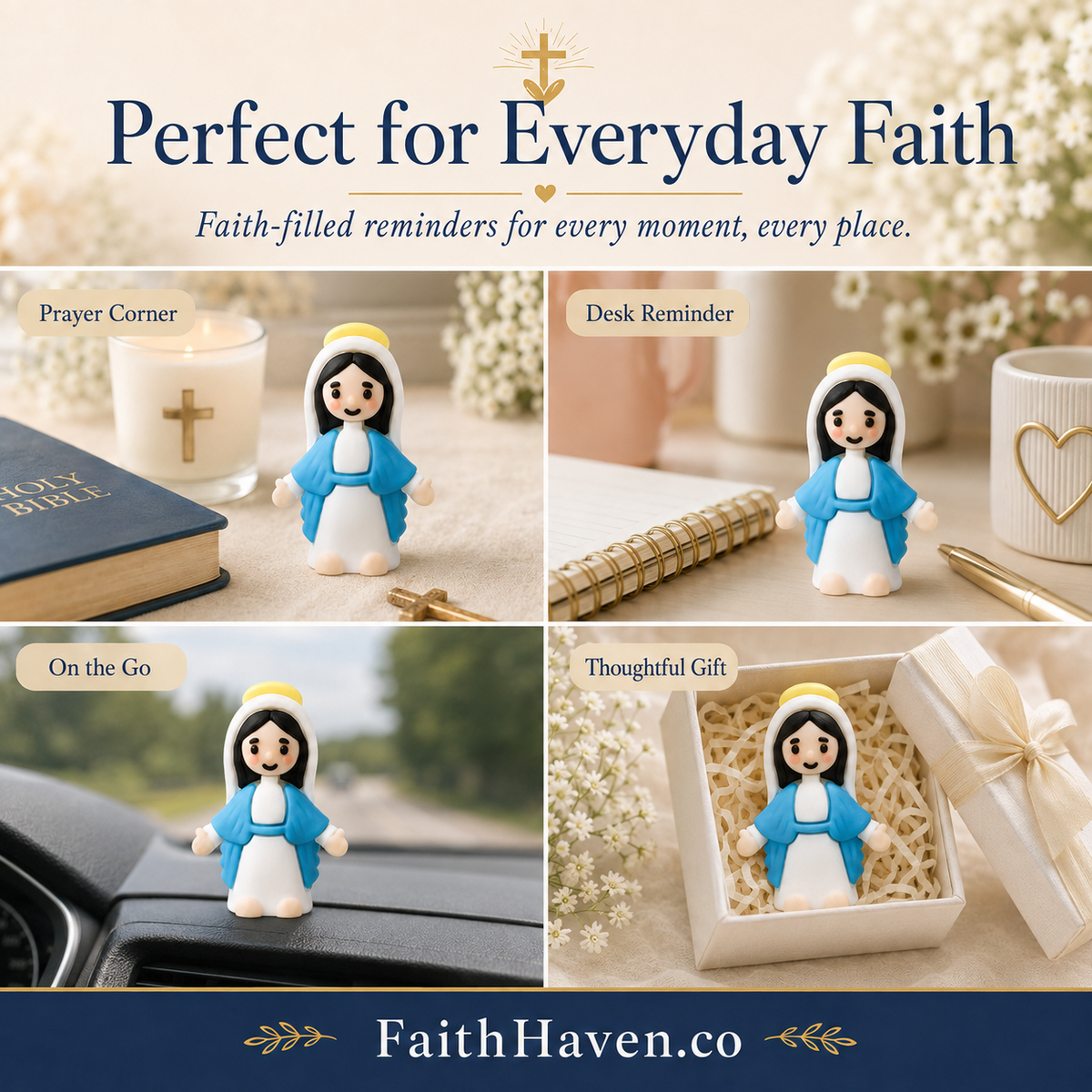 Mini Mary figure displayed in prayer corner, desk, car and gift box