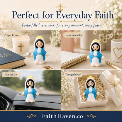 Mini Mary figure displayed in prayer corner, desk, car and gift box