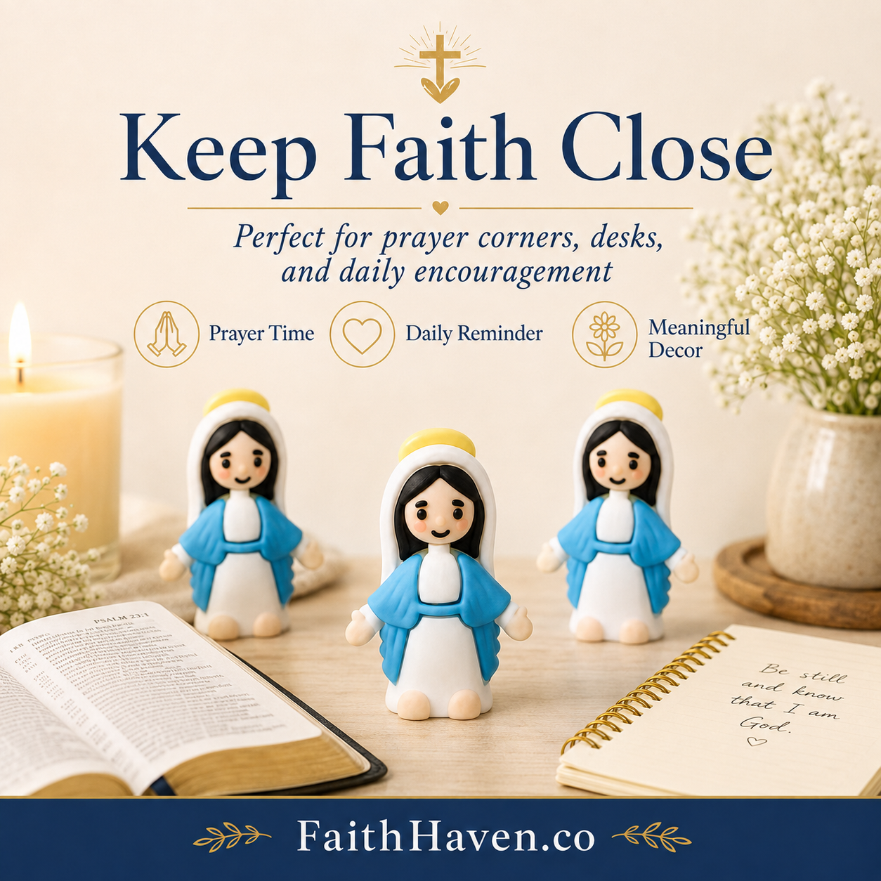 Mini Virgin Mary figures beside Bible and candle in a prayer space