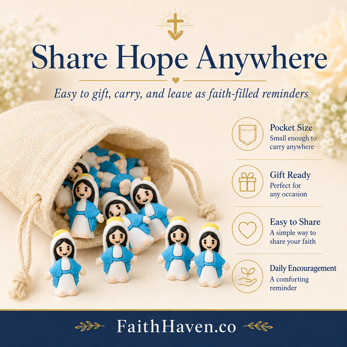 Pocket-sized Mini Virgin Mary figures in a portable drawstring pouch